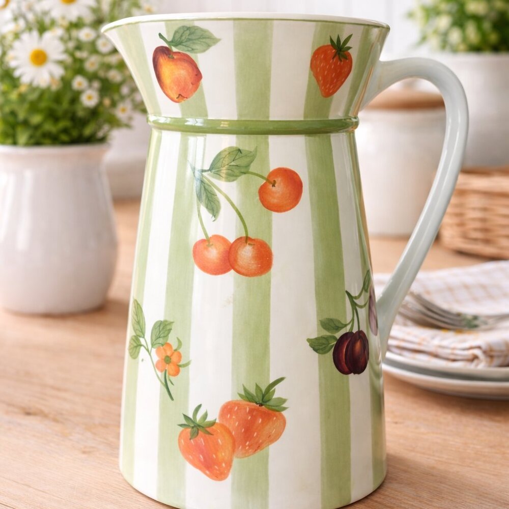 Sadek Large Hand-Painted Fruit Pitcher Strawberry Cherry Cottage Farmhouse NWOT - Picture 6 of 8